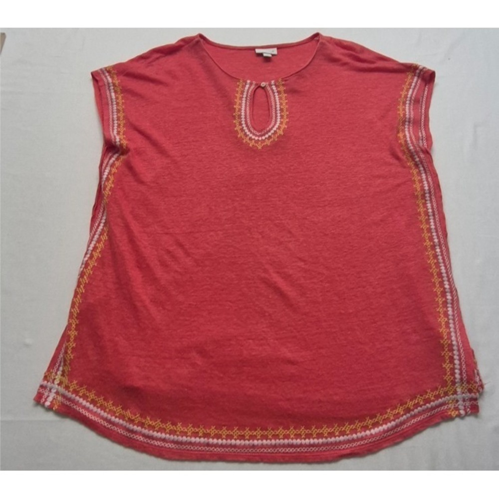 J. Jill Love Linen Top women's Small Coral Pink Embroidered Keyhole Neck Tunic